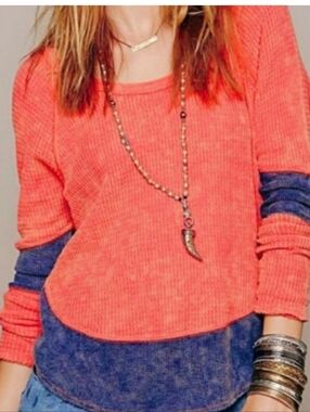 We The Free Coral Waffle Long Sleeve with Blue Trim